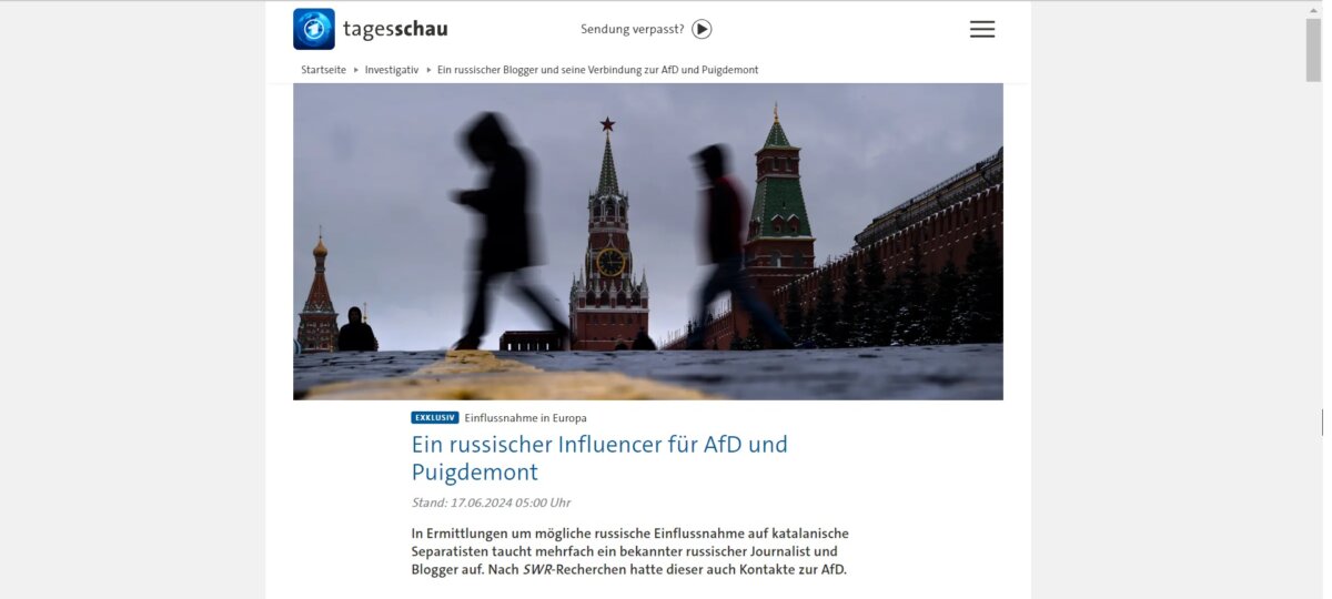 Notícía de ‘Tagensschau’ del 17 de juny sobre el periodista relacionat amb la trama russa del procés i l’extrema dreta alemanya